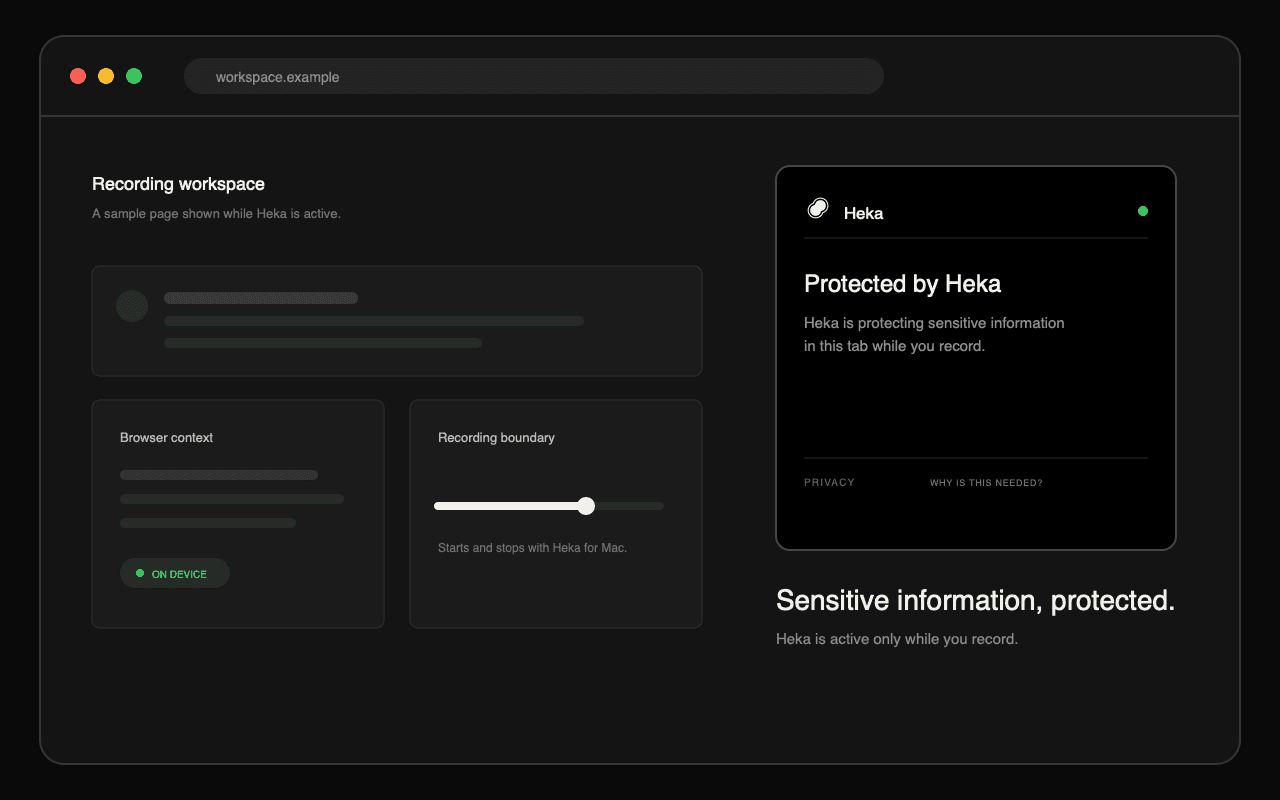 Heka Chrome extension showing a green connected indicator while a recording is protected