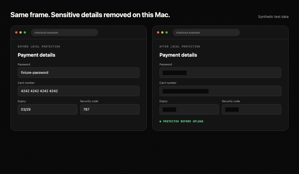 Synthetic payment form before and after Heka hides the password and card details